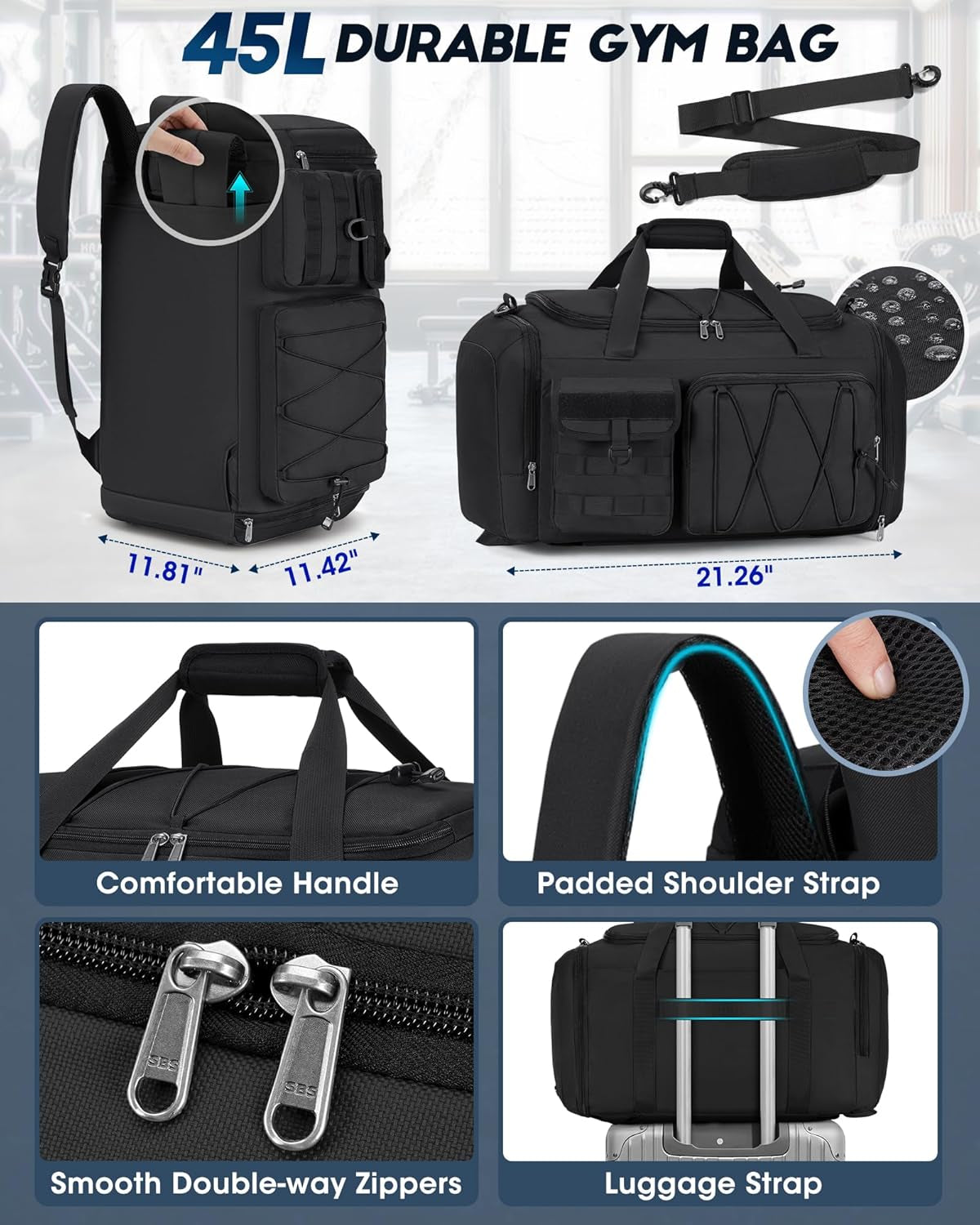 Gym Bag for Men 45L Sports Duffel Bags 3-In-1 Travel Duffel Bag with Shoe Compartment, Gym Workout Backpack Carry on Weekender Bag Overnight Bag for Travel, Black