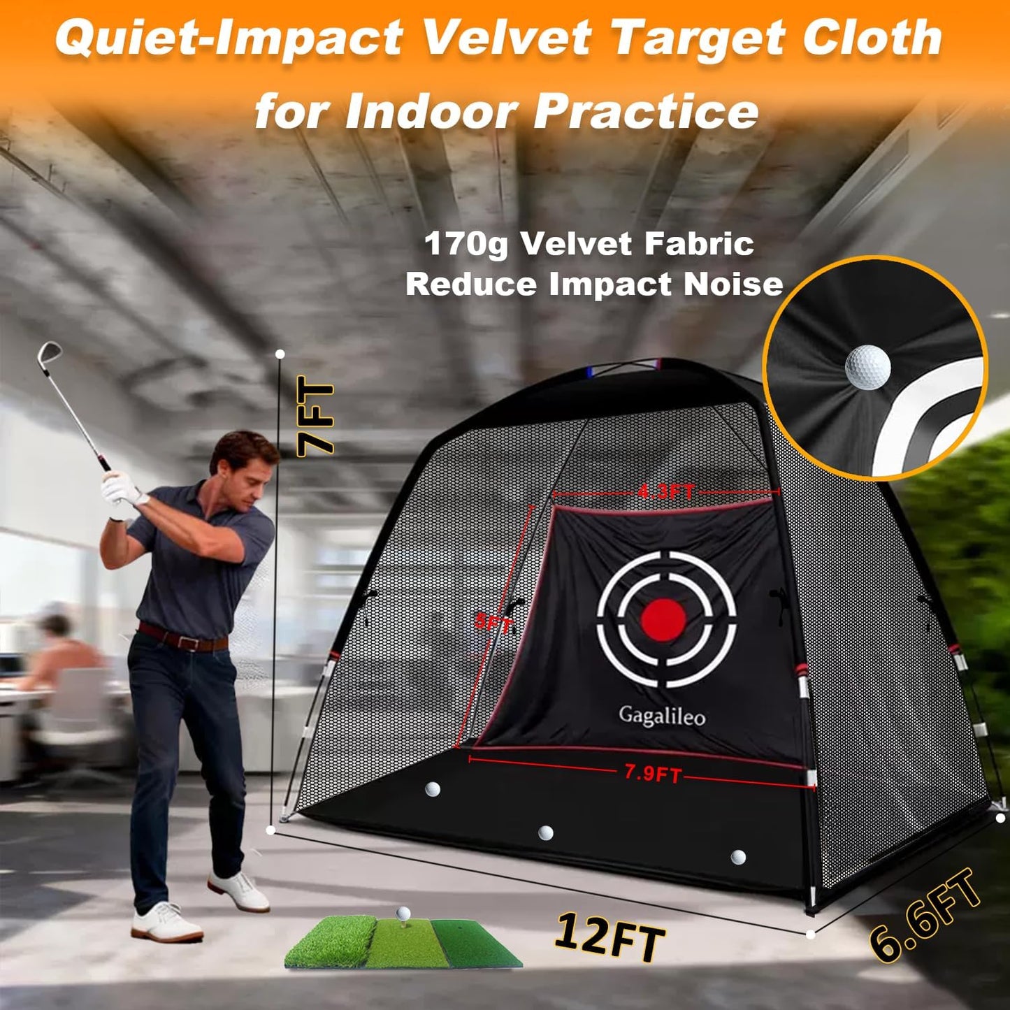 Golf Hitting Net for Backyard Driving 12X7Ft with Quiet Target | Portable Velvet Impact Equipment Broad Catching Area Suited to Chipping and Garage Swing Sessions Black