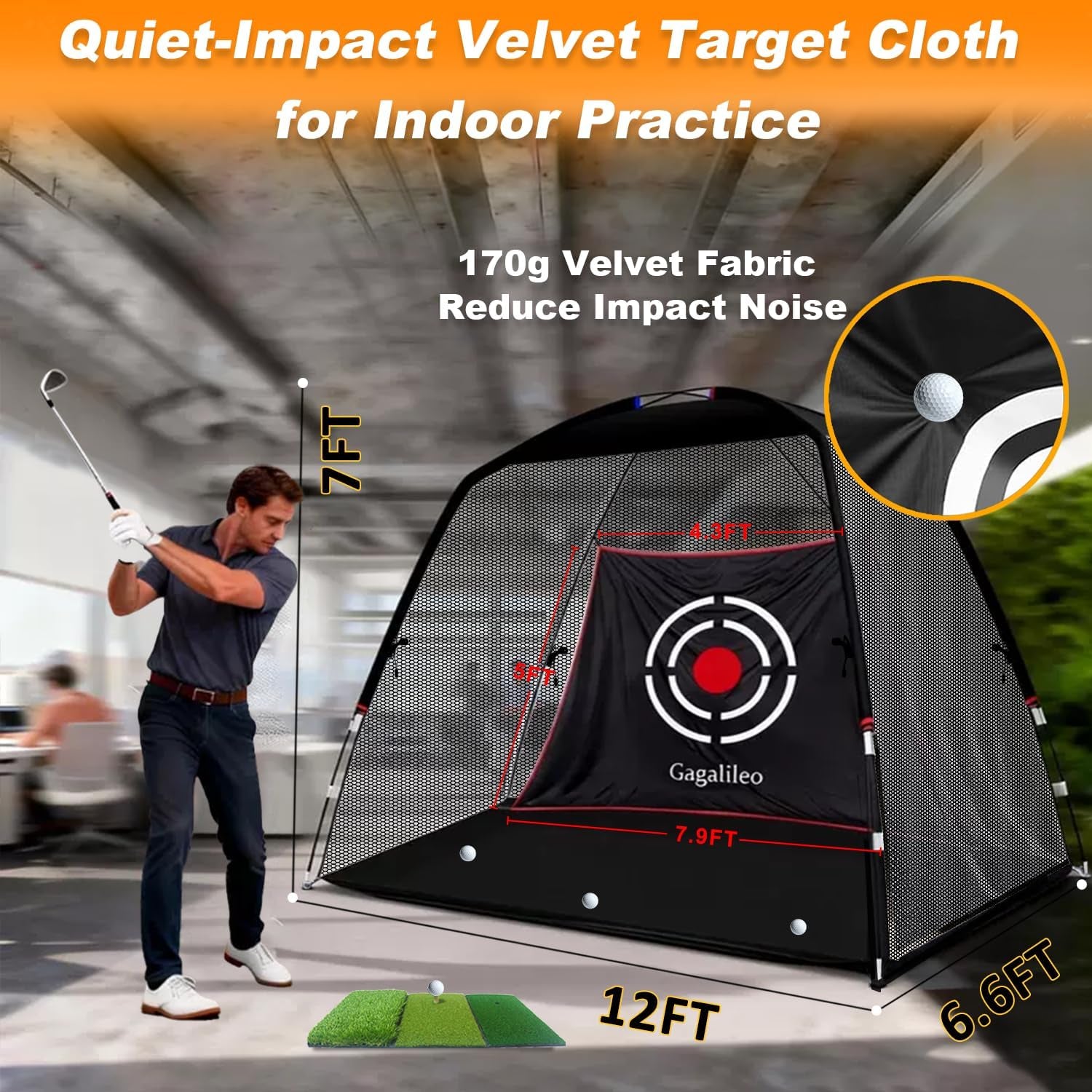 Golf Hitting Net for Backyard Driving 12X7Ft with Quiet Target | Portable Velvet Impact Equipment Broad Catching Area Suited to Chipping and Garage Swing Sessions Black