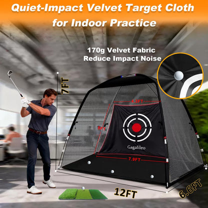 Golf Hitting Net for Backyard Driving 12X7Ft with Quiet Target | Portable Velvet Impact Equipment Broad Catching Area Suited to Chipping and Garage Swing Sessions Black