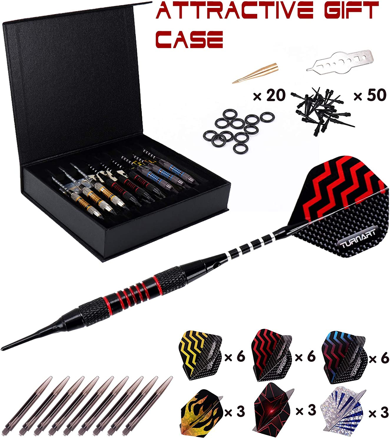 Darts Plastic Tip 9 Pcs 18 Grams Professional Soft Tip | Darts Set for Electronic Dartboard with 50 Extra Tips 9 Shafts 27 Flights Tool Kit Flight Protectors and Gift Darts Case