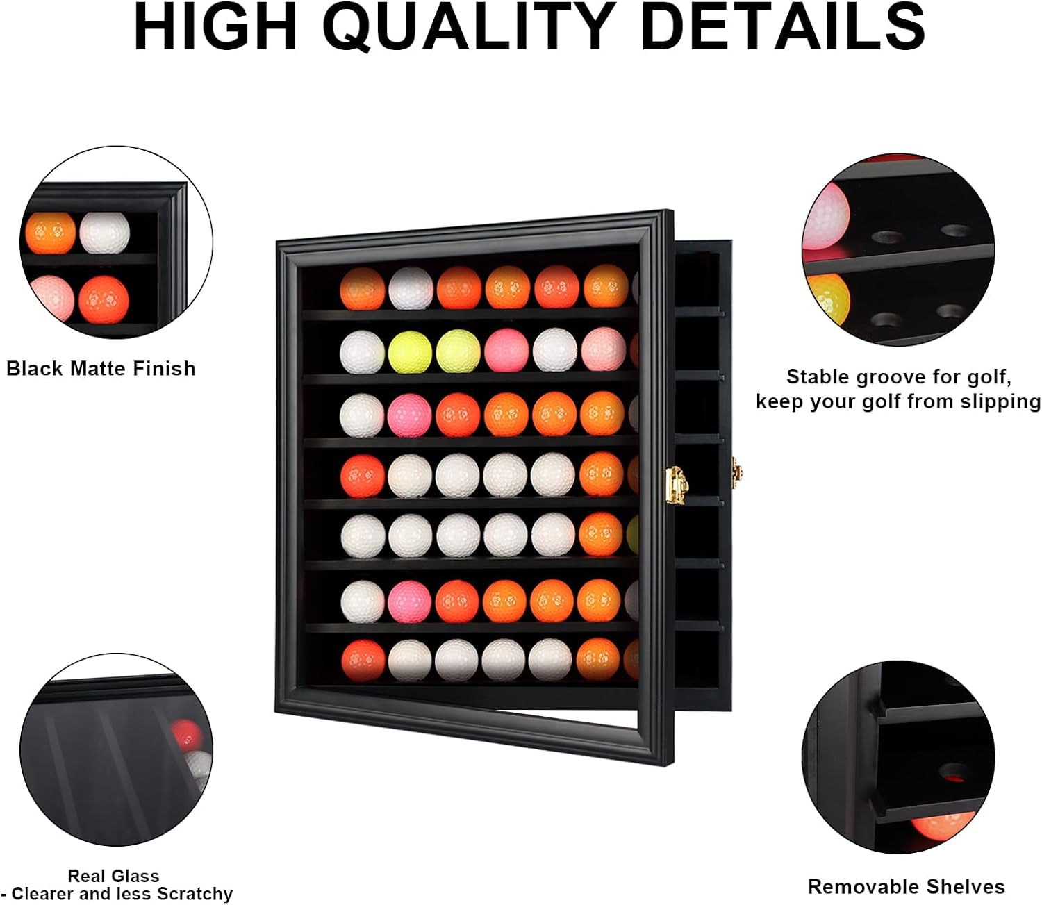49 Golf Ball Display Case Lockable - Golf Ball Holder Gift for Golf Enthusiasts - Golf Ball Display Rack Cabinet for Wall Mount Real Glass Door, Black