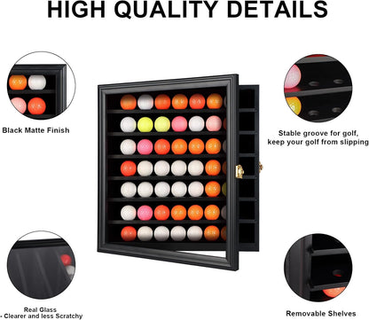 49 Golf Ball Display Case Lockable - Golf Ball Holder Gift for Golf Enthusiasts - Golf Ball Display Rack Cabinet for Wall Mount Real Glass Door, Black