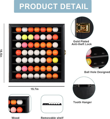 49 Golf Ball Display Case Lockable - Golf Ball Holder Gift for Golf Enthusiasts - Golf Ball Display Rack Cabinet for Wall Mount Real Glass Door, Black