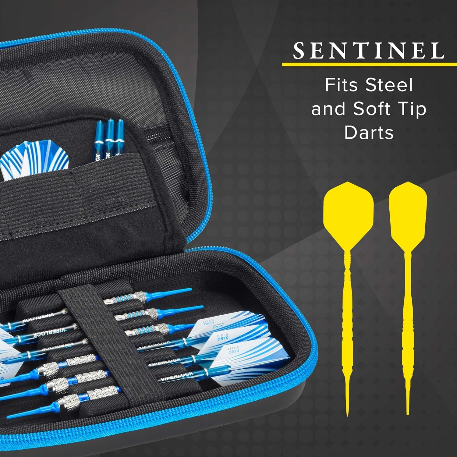 Sentinel 6 Dart Case, Holds Extra Accessories, Tips, Shafts and Flights, Compatible with Steel Tip and Soft Tip Darts, Impact & Water Resistant Tactech Shell, Blue Zipper