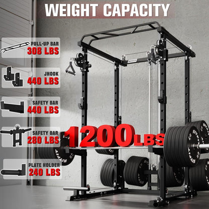 Power Cage Home Gym Package with Cable Crossover System | 1200LBS Power Rack, Weight Bench, Olympic Barbell & 230LBS Bumper Plates — All-In-One Home Gym