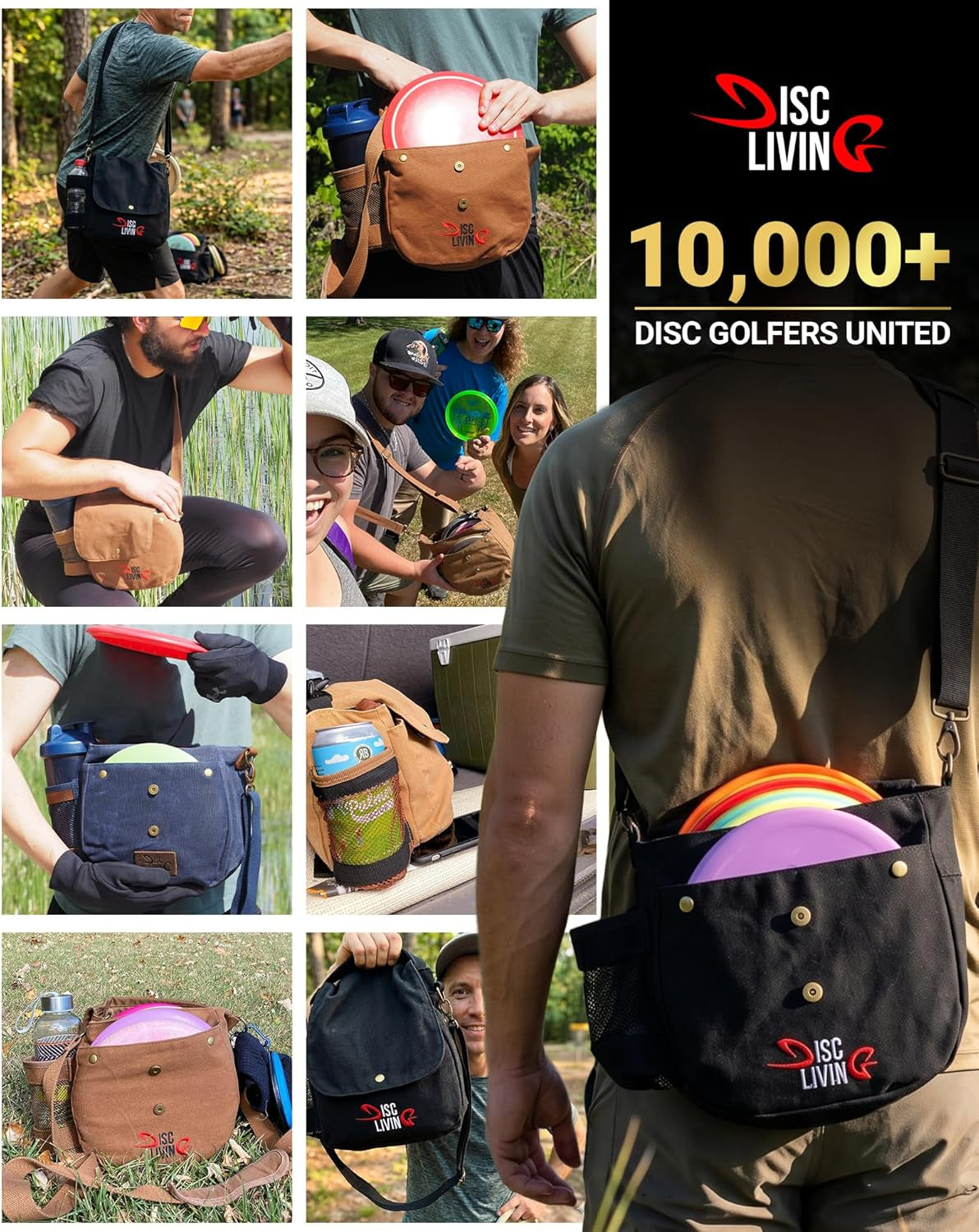 Disc Golf Bag | Frisbee Golf Bag | Easy to Carry | Lightweight Fits up to 10 Discs | 16 Oz Waxed Canvas Sturdy Design | Belt Loop | Double Button Design | Bottle Holder