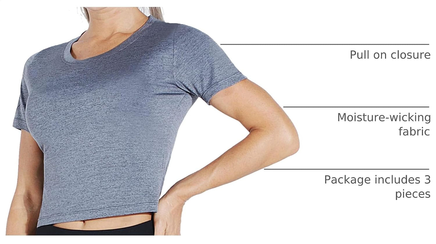 Women'S Dry Fit Crop Top Yoga Short Sleeve Shirts Crew Neck Athletic Running Tee 3 Pieces