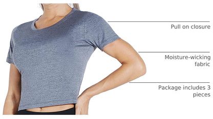 Women'S Dry Fit Crop Top Yoga Short Sleeve Shirts Crew Neck Athletic Running Tee 3 Pieces
