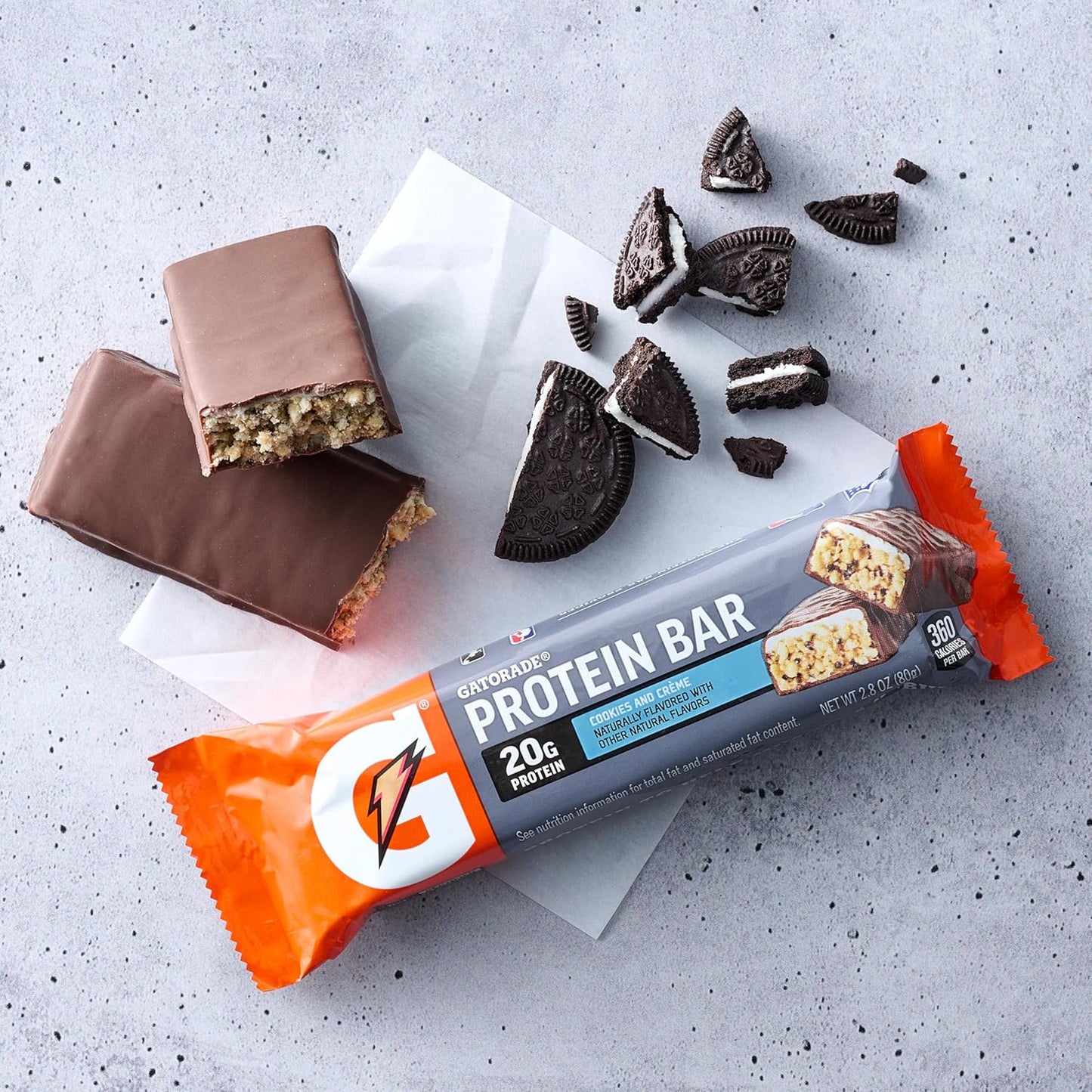 Gatorade Whey Protein Bars, Cookies & Crème, 2.8 Oz Bars (Pack of 12, 20G of Protein per Bar)