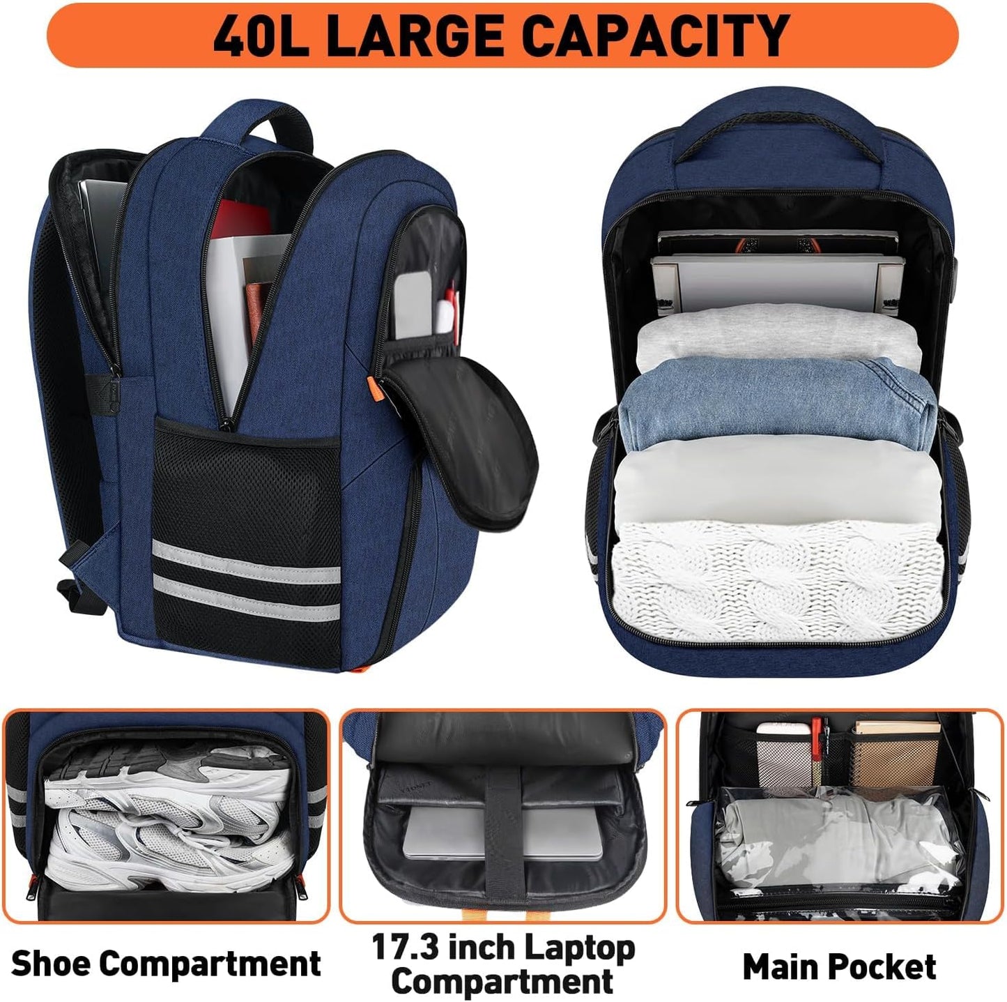 Gym Backpack for Men Women, Travel Backpack Fit 17.3 Inch Laptop | Lightweight Water Resistant Workout Bag with Shoe Compartment for Sports Camping Hiking Dark Blue
