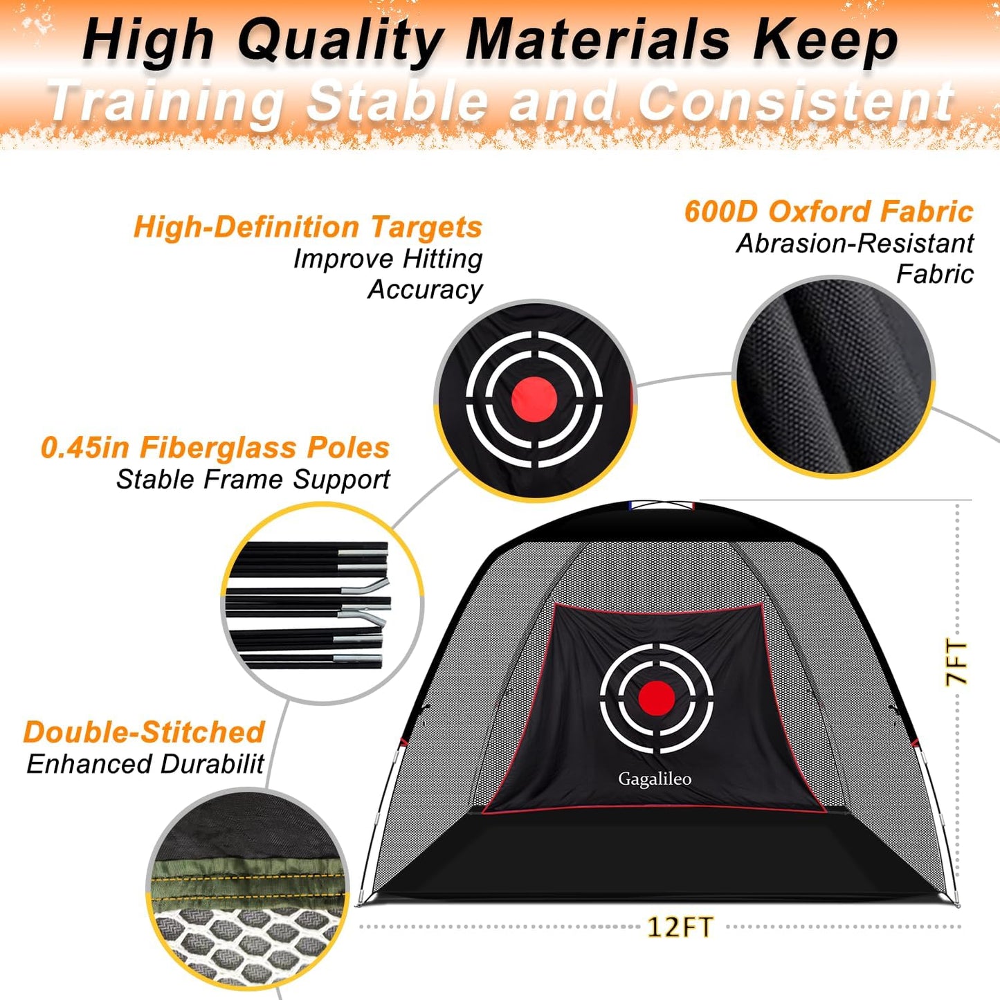 Golf Hitting Net for Backyard Driving 12X7Ft with Quiet Target | Portable Velvet Impact Equipment Broad Catching Area Suited to Chipping and Garage Swing Sessions Black