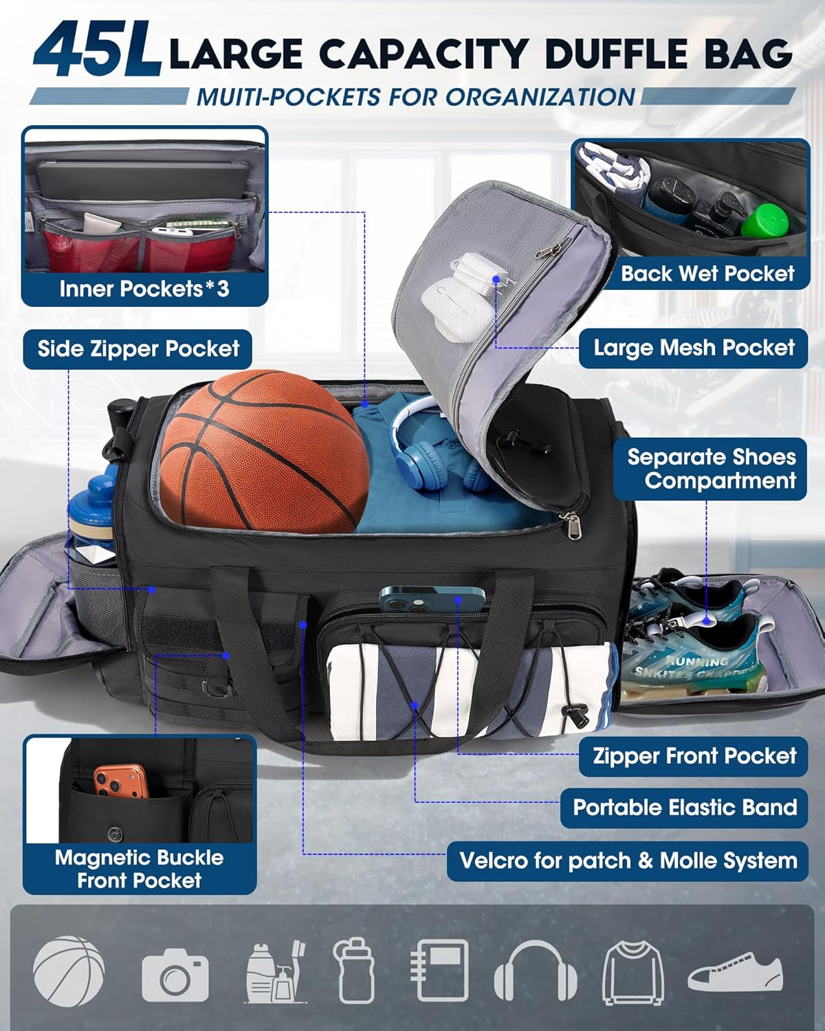 Gym Bag for Men 45L Sports Duffel Bags 3-In-1 Travel Duffel Bag with Shoe Compartment, Gym Workout Backpack Carry on Weekender Bag Overnight Bag for Travel, Black