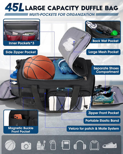 Gym Bag for Men 45L Sports Duffel Bags 3-In-1 Travel Duffel Bag with Shoe Compartment, Gym Workout Backpack Carry on Weekender Bag Overnight Bag for Travel, Black