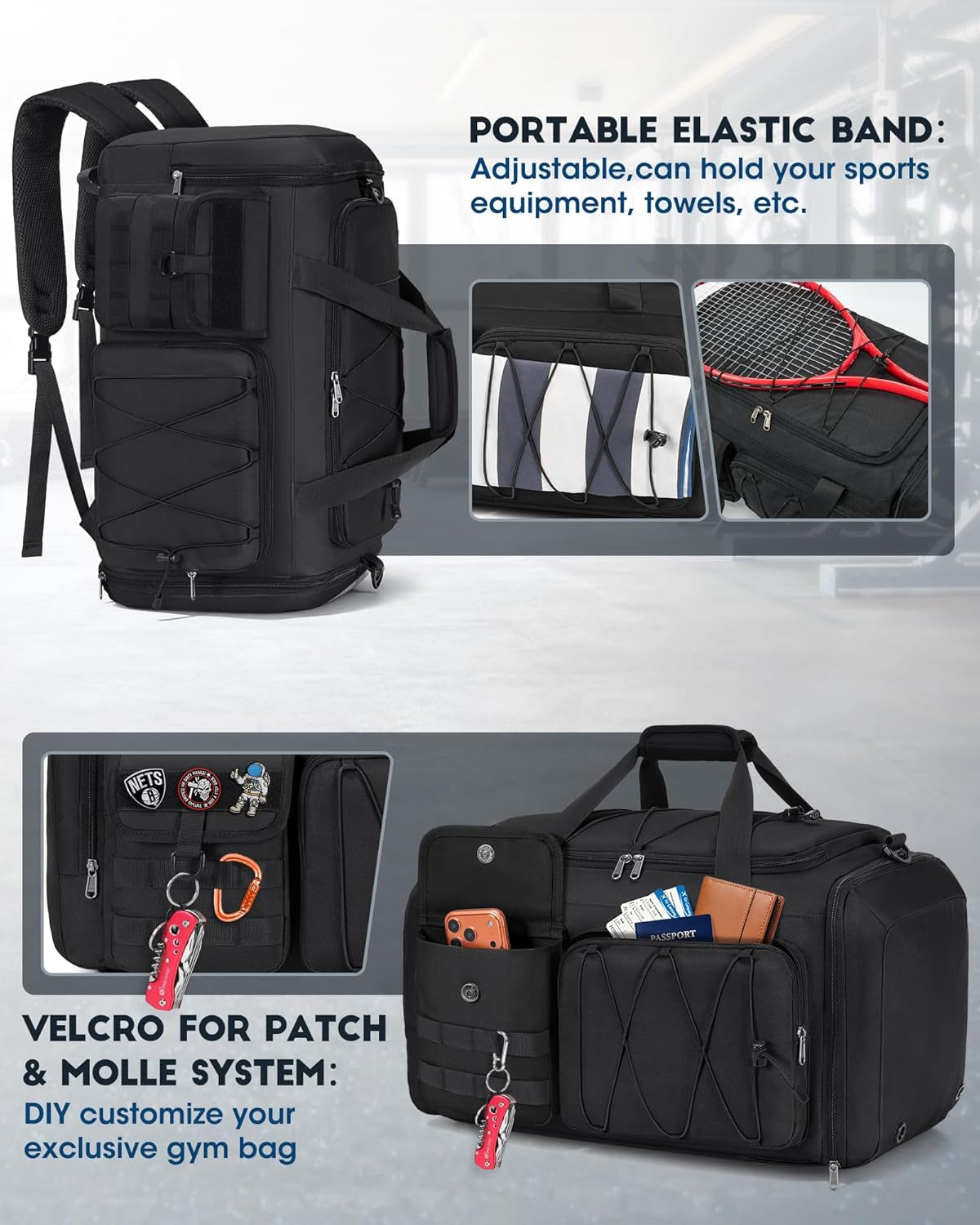 Gym Bag for Men 45L Sports Duffel Bags 3-In-1 Travel Duffel Bag with Shoe Compartment, Gym Workout Backpack Carry on Weekender Bag Overnight Bag for Travel, Black