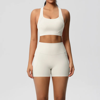 2PCS Sportswear with Pocketed Yoga Set Gym Clothes Yoga Suits for Women Tracksuits Sports Shorts Crossover Bra Gym Leggings