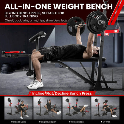 Adjustable Weight Bench 900LBS Olympic Weight Bench Set with Squat Rack, Preacher Curl, Leg Extension Full Body Exercise Workout Bench Press for Home Gym