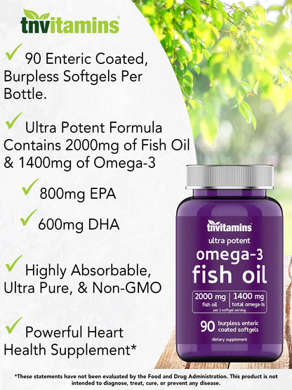 Burpless Omega 3 Fish Oil 2000Mg Enteric Coated Softgels with Epa Dha Wild Caught Purified Omega 3 Fatty Acid Supplements Mercury Free, Count 90