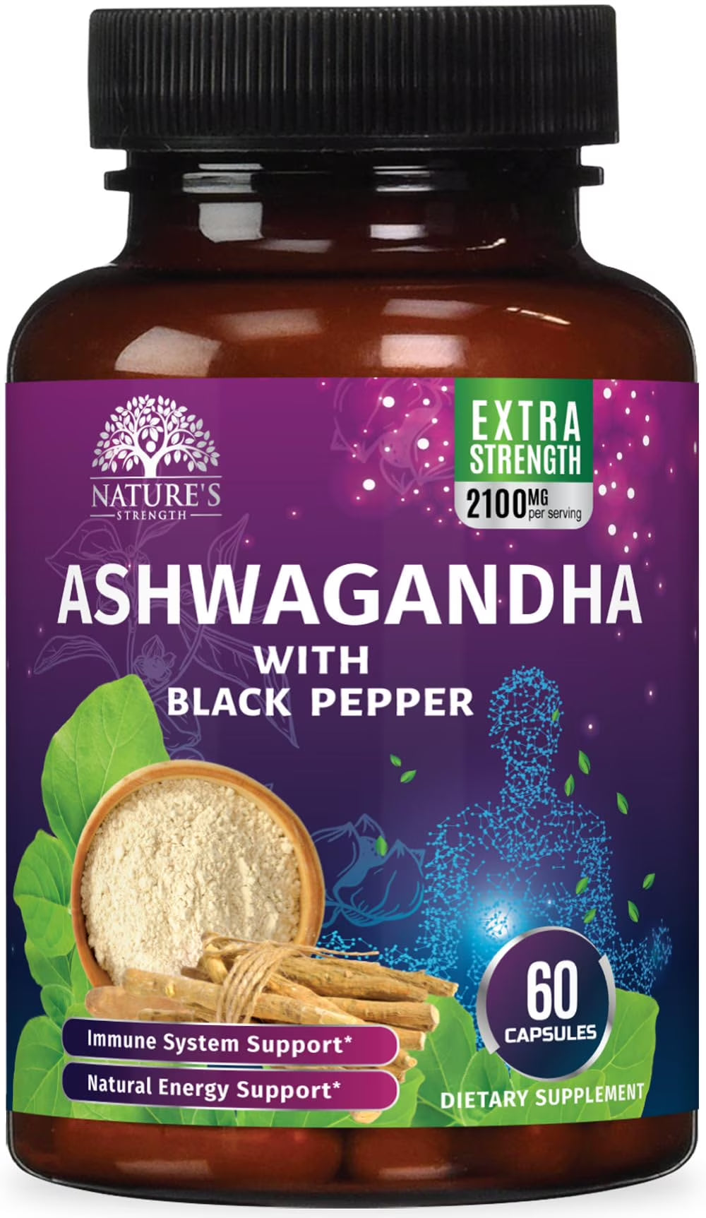 Ashwagandha Supplements - High-Absorption Ashwagandha Root Extract Powder with Black Pepper for Max Absorption - Herbal Supplement for Women & Men, Vegan & Gluten Free, Bottled in USA - 60 Capsules