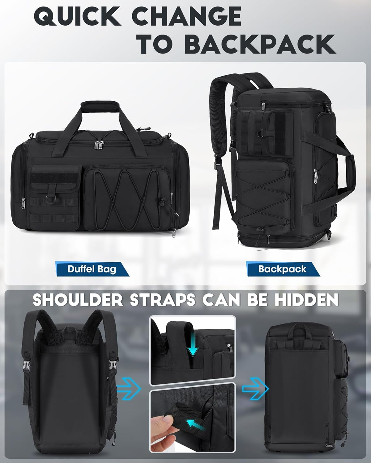 Gym Bag for Men 45L Sports Duffel Bags 3-In-1 Travel Duffel Bag with Shoe Compartment, Gym Workout Backpack Carry on Weekender Bag Overnight Bag for Travel, Black
