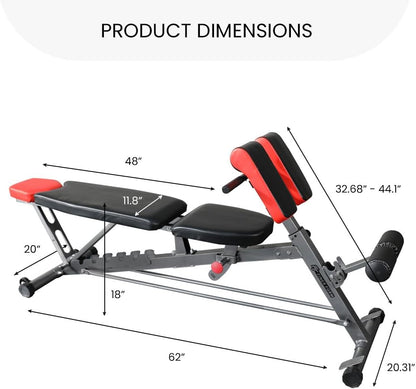 Finer Form Multi-Functional Adjustable FID Weight Bench and Roman Chair | 1,000 Lb Capacity, 23 Settings, Flat Incline Decline for Total Body Workouts, Transport Wheels, Exercise Chart Included