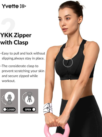Zip Front High Impact Sports Bra for Large Bust | Secure Locking Zipper,Fixed Non-Slip Pads,Breathable,Wireless Comfort,Running Bra plus Size Friendly,Gym Workout,Fitness
