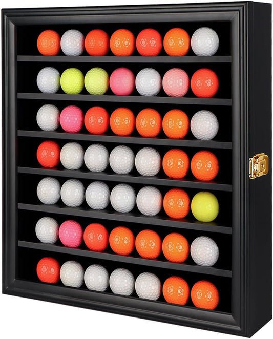 49 Golf Ball Display Case Lockable - Golf Ball Holder Gift for Golf Enthusiasts - Golf Ball Display Rack Cabinet for Wall Mount Real Glass Door, Black