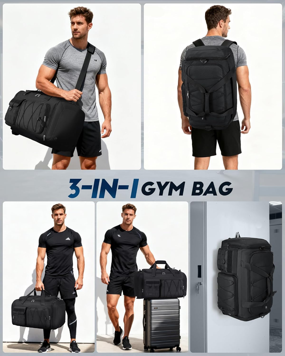 Gym Bag for Men 45L Sports Duffel Bags 3-In-1 Travel Duffel Bag with Shoe Compartment, Gym Workout Backpack Carry on Weekender Bag Overnight Bag for Travel, Black