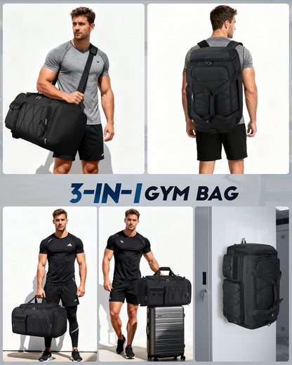 Gym Bag for Men 45L Sports Duffel Bags 3-In-1 Travel Duffel Bag with Shoe Compartment, Gym Workout Backpack Carry on Weekender Bag Overnight Bag for Travel, Black