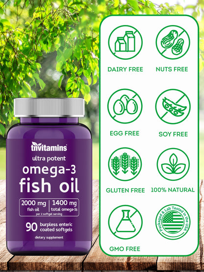 Burpless Omega 3 Fish Oil 2000Mg Enteric Coated Softgels with Epa Dha Wild Caught Purified Omega 3 Fatty Acid Supplements Mercury Free, Count 90