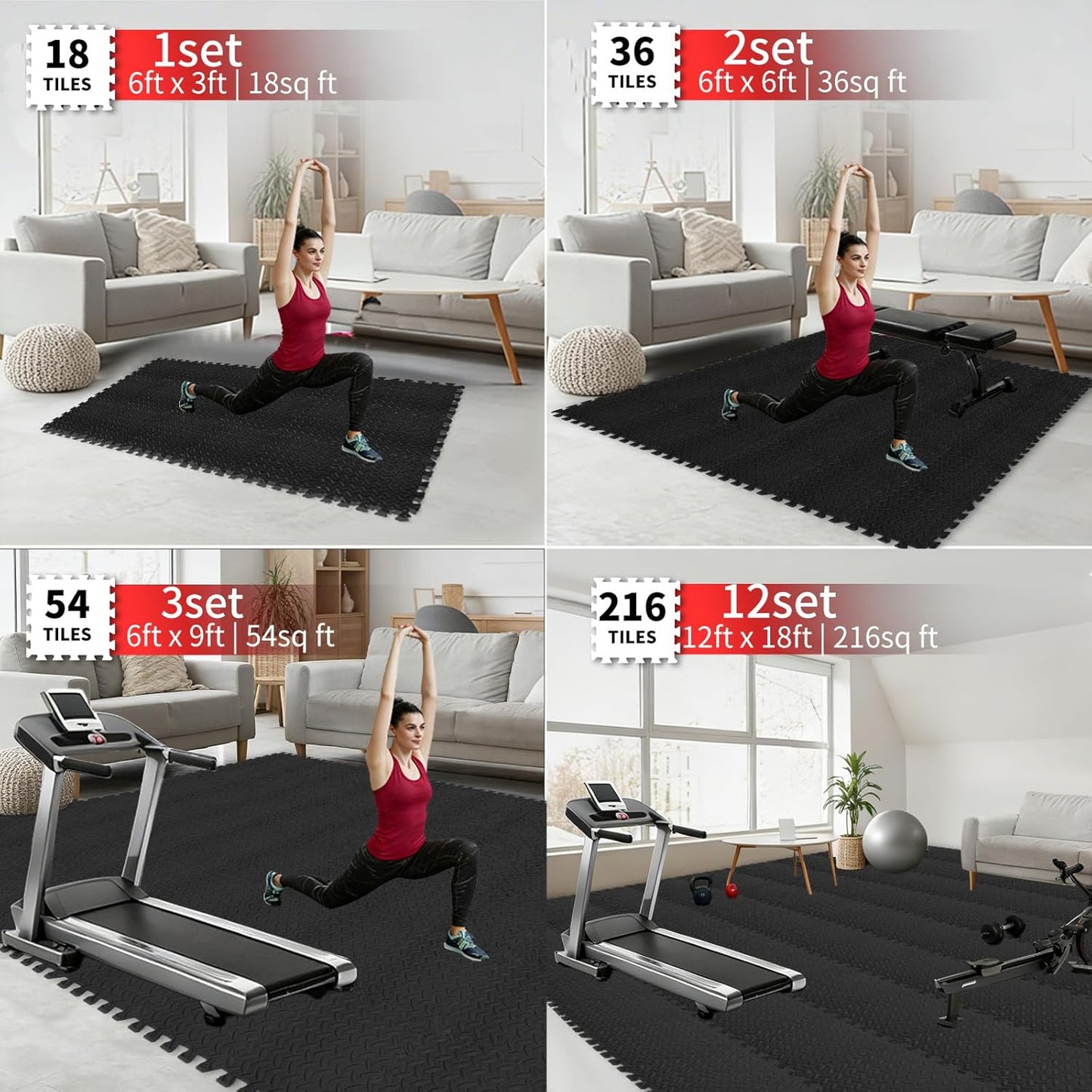 Gym Flooring for Home Gym, 18 PCS Anti-Slip Interlocking Foam Floor Tiles, 12.6"X12.6"X0.4" EVA Exercise Mats, Puzzle Floor Mat for Workout, Yoga, Kids Play Area, Treadmill, Garage