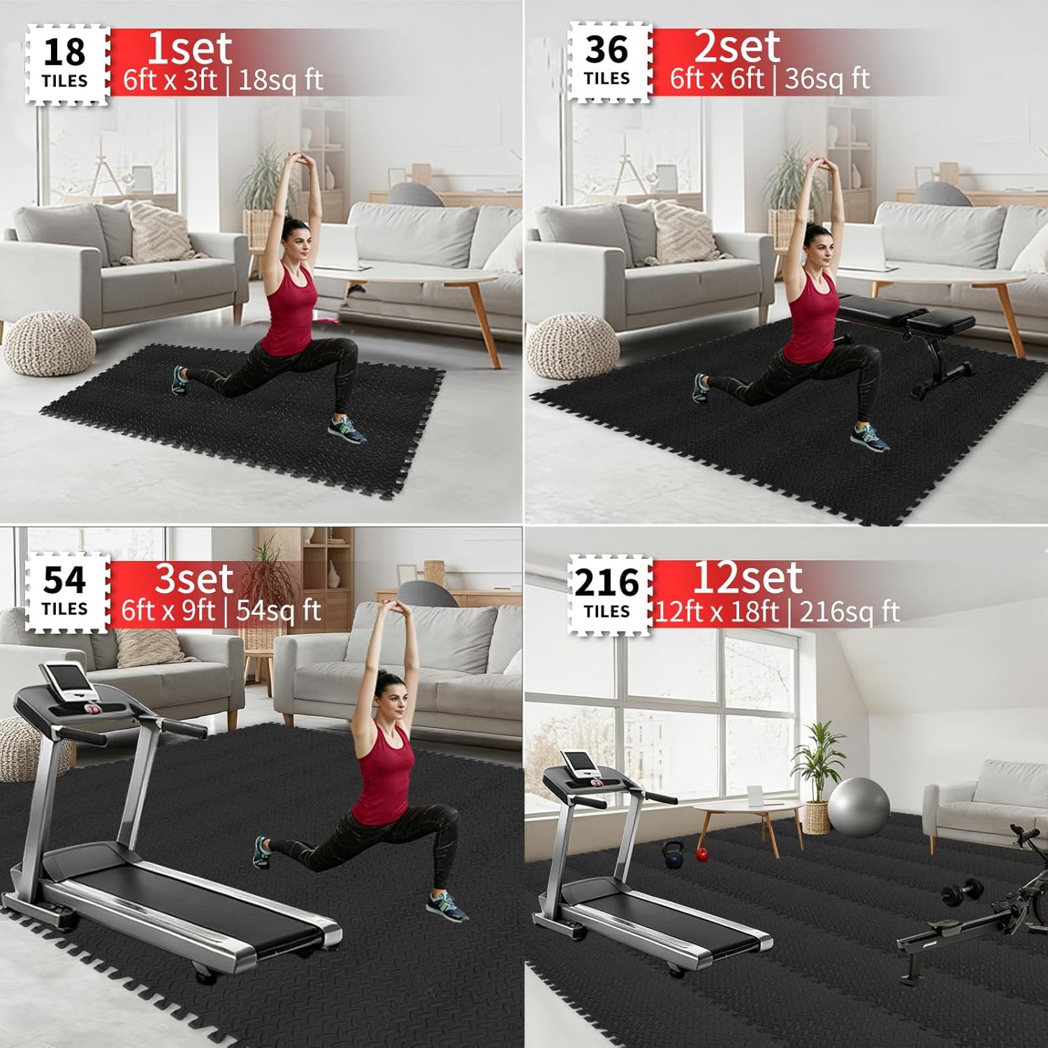 Gym Flooring for Home Gym, 18 PCS Anti-Slip Interlocking Foam Floor Tiles, 12.6"X12.6"X0.4" EVA Exercise Mats, Puzzle Floor Mat for Workout, Yoga, Kids Play Area, Treadmill, Garage