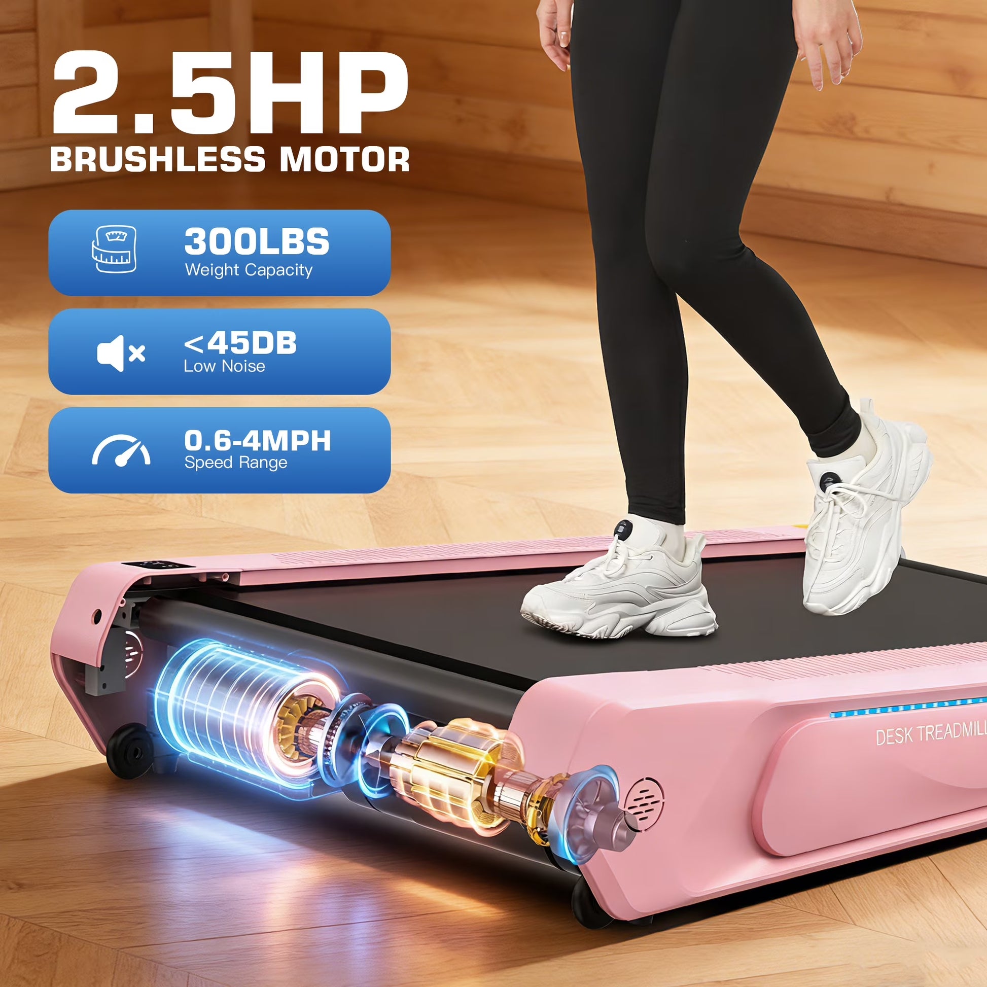Walking Pad 2.5HP Brushless Motor 300Lbs Weight Capacity,Portable under Desk Treadmill with App Remote Control,Low-Noise Desk Treadmill in LED Display,Installation-Free