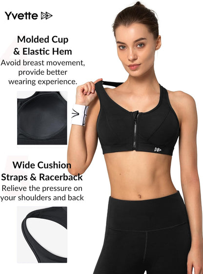 Zip Front High Impact Sports Bra for Large Bust | Secure Locking Zipper,Fixed Non-Slip Pads,Breathable,Wireless Comfort,Running Bra plus Size Friendly,Gym Workout,Fitness
