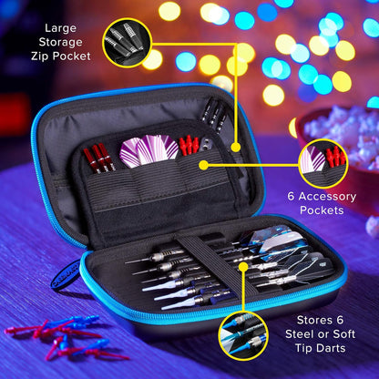 Sentinel 6 Dart Case, Holds Extra Accessories, Tips, Shafts and Flights, Compatible with Steel Tip and Soft Tip Darts, Impact & Water Resistant Tactech Shell, Blue Zipper