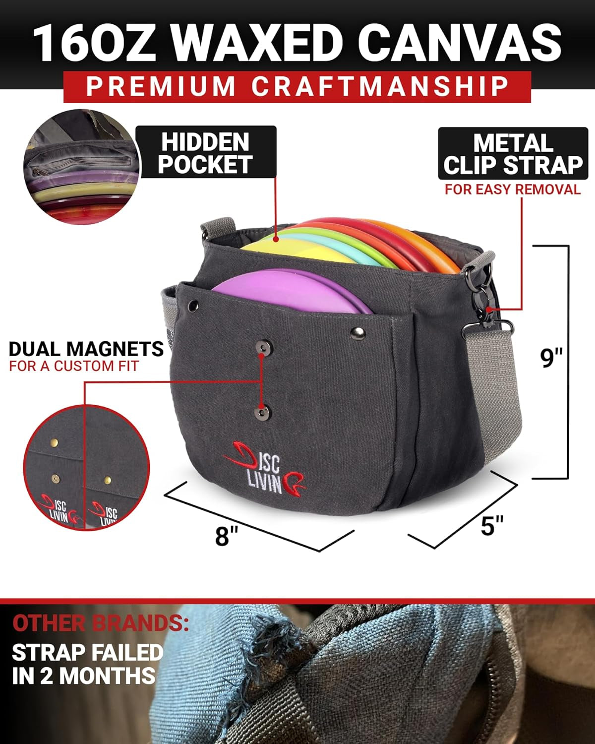 Disc Golf Bag | Frisbee Golf Bag | Easy to Carry | Lightweight Fits up to 10 Discs | 16 Oz Waxed Canvas Sturdy Design | Belt Loop | Double Button Design | Bottle Holder