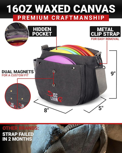 Disc Golf Bag | Frisbee Golf Bag | Easy to Carry | Lightweight Fits up to 10 Discs | 16 Oz Waxed Canvas Sturdy Design | Belt Loop | Double Button Design | Bottle Holder