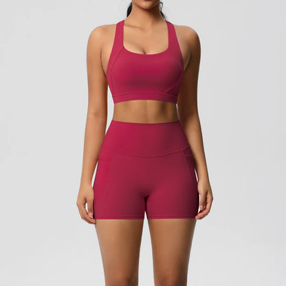 2PCS Sportswear with Pocketed Yoga Set Gym Clothes Yoga Suits for Women Tracksuits Sports Shorts Crossover Bra Gym Leggings
