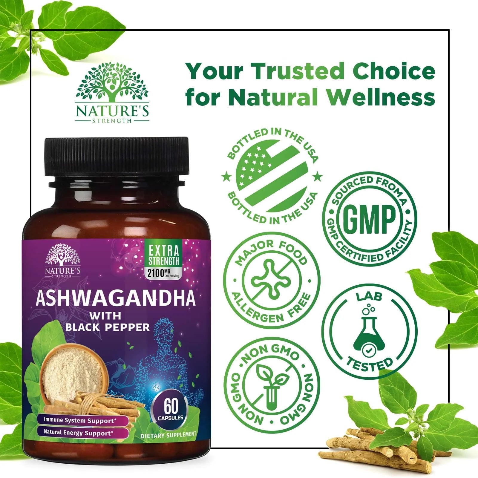 Ashwagandha Supplements - High-Absorption Ashwagandha Root Extract Powder with Black Pepper for Max Absorption - Herbal Supplement for Women & Men, Vegan & Gluten Free, Bottled in USA - 60 Capsules
