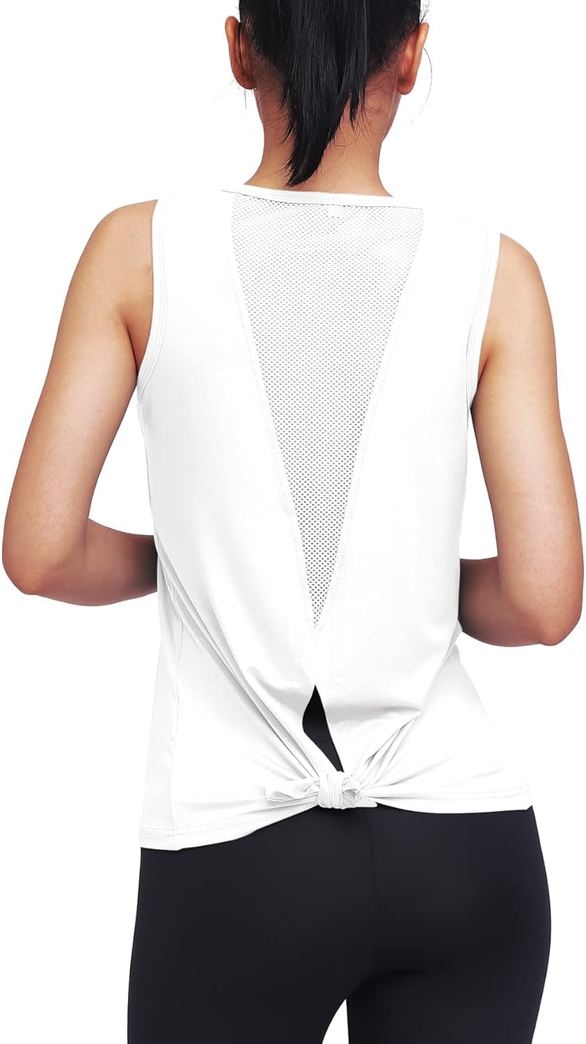 Workout Tops for Women Yoga Tank Athletic Muscle Shirts Tie Back | Open Back, Loose Fit, Breathable Mesh, Racerback, Sleeveless Shirts, Workout Clothes for Women