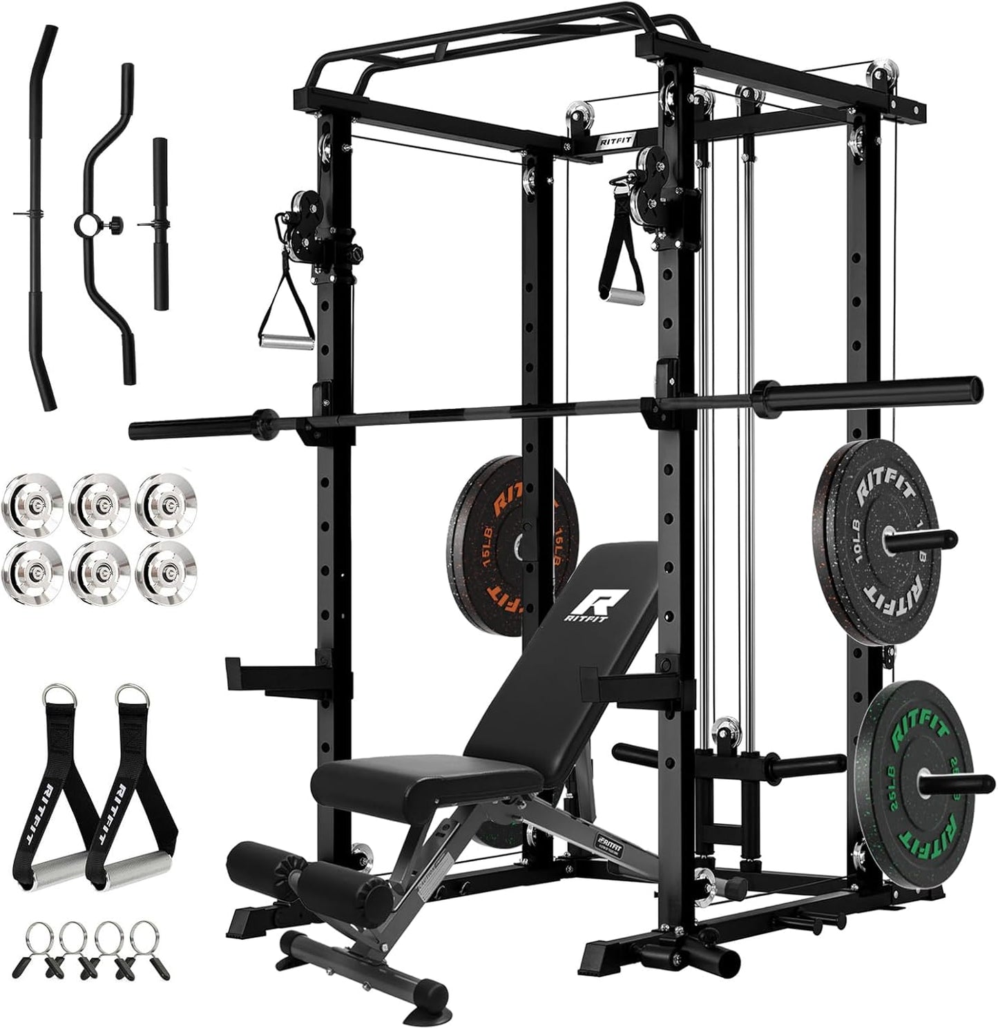 Power Cage Home Gym Package with Cable Crossover System | 1200LBS Power Rack, Weight Bench, Olympic Barbell & 230LBS Bumper Plates — All-In-One Home Gym