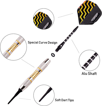 Darts Plastic Tip 9 Pcs 18 Grams Professional Soft Tip | Darts Set for Electronic Dartboard with 50 Extra Tips 9 Shafts 27 Flights Tool Kit Flight Protectors and Gift Darts Case