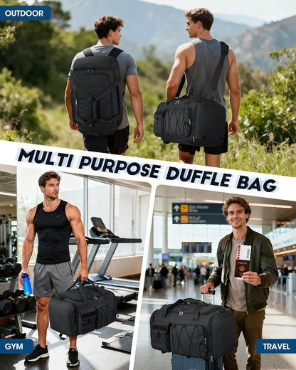 Gym Bag for Men 45L Sports Duffel Bags 3-In-1 Travel Duffel Bag with Shoe Compartment, Gym Workout Backpack Carry on Weekender Bag Overnight Bag for Travel, Black