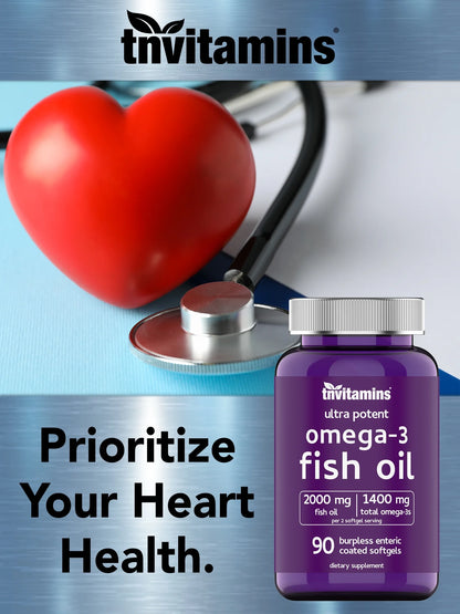 Burpless Omega 3 Fish Oil 2000Mg Enteric Coated Softgels with Epa Dha Wild Caught Purified Omega 3 Fatty Acid Supplements Mercury Free, Count 90