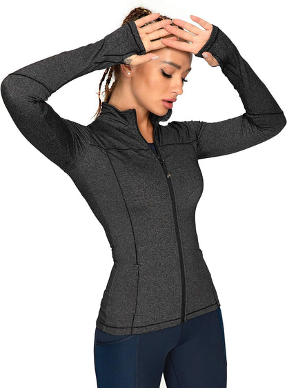 Womens Running Jackets with Zipper Pockets | Full Zip Up, Slim Fit, Thumb Holes, Long Sleeve, for Women Workout,Yoga, Athletic