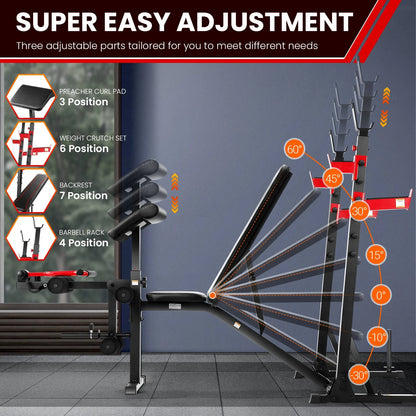 Adjustable Weight Bench 900LBS Olympic Weight Bench Set with Squat Rack, Preacher Curl, Leg Extension Full Body Exercise Workout Bench Press for Home Gym