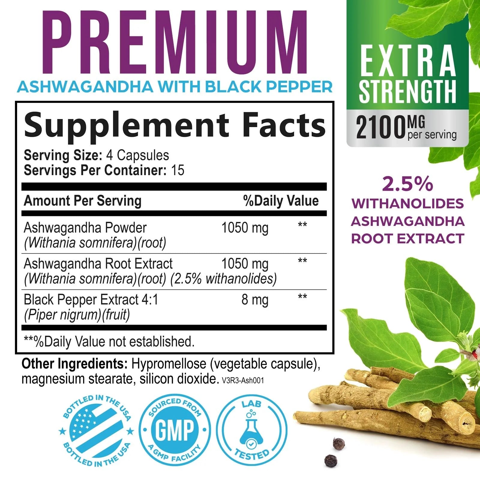 Ashwagandha Supplements - High-Absorption Ashwagandha Root Extract Powder with Black Pepper for Max Absorption - Herbal Supplement for Women & Men, Vegan & Gluten Free, Bottled in USA - 60 Capsules