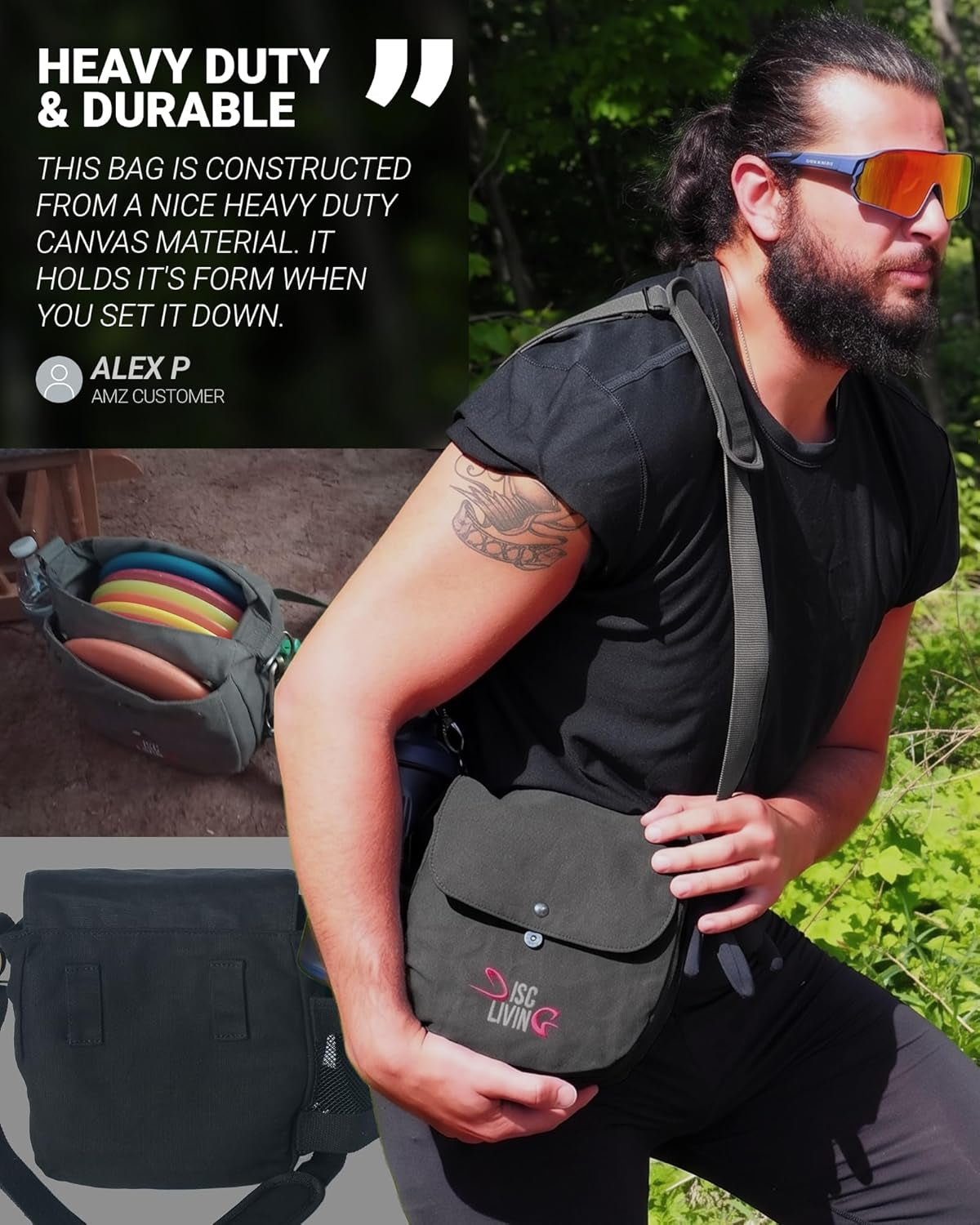 Disc Golf Bag | Frisbee Golf Bag | Easy to Carry | Lightweight Fits up to 10 Discs | 16 Oz Waxed Canvas Sturdy Design | Belt Loop | Double Button Design | Bottle Holder