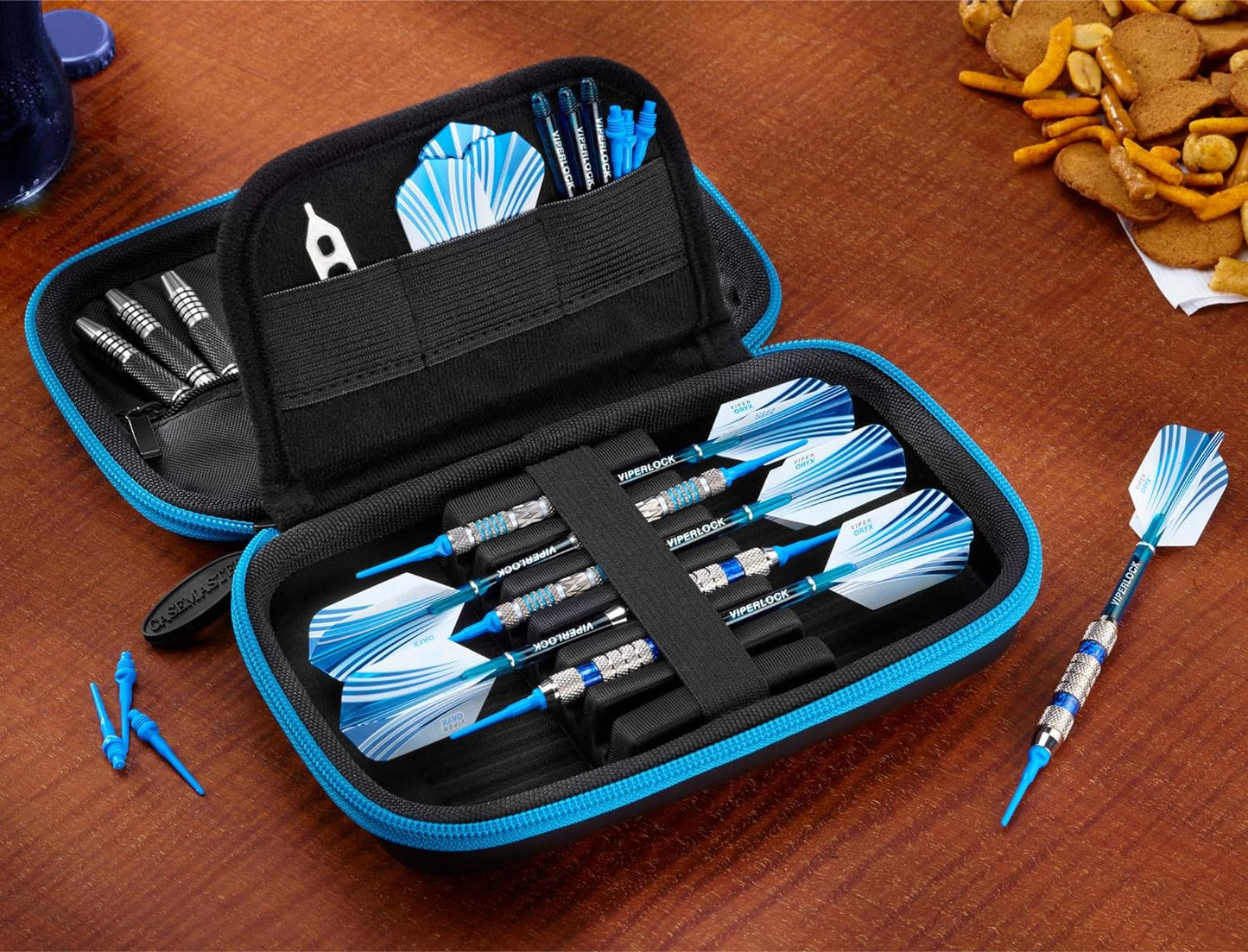 Sentinel 6 Dart Case, Holds Extra Accessories, Tips, Shafts and Flights, Compatible with Steel Tip and Soft Tip Darts, Impact & Water Resistant Tactech Shell, Blue Zipper