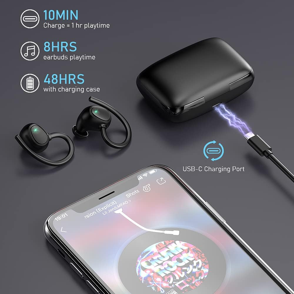 Wireless Earbud, Bluetooth 5.1 Headphones Sport Wireless Bluetooth Earphones in Ear Noise Cancelling Earbud with Mic Deep Bass, Earhooks Ear Buds IP7 Waterproof 48H Headset for Running Gym[2021 New] | IP7 Waterproof Wireless Earphones Ear Hooks, ENC Noise Cancelling Earbuds Stereo Sound, 48H,USB-C Headsets with Mic